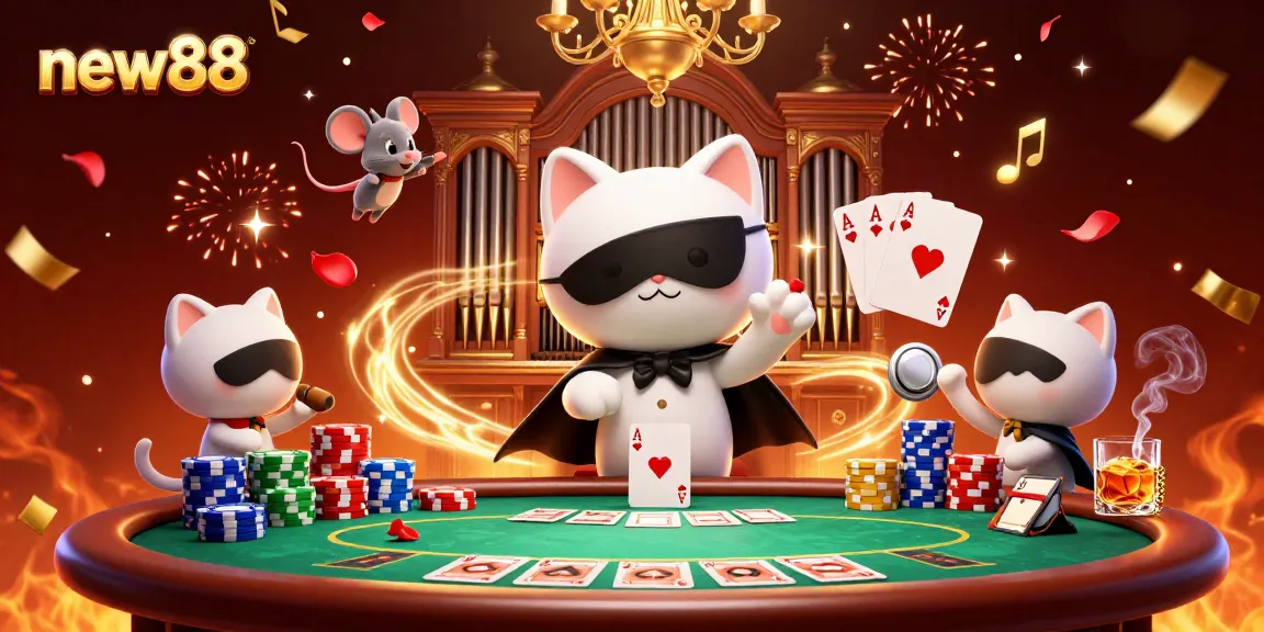 Experience the excitement of new88 with a lively casino scene featuring a whimsical cat and mouse.