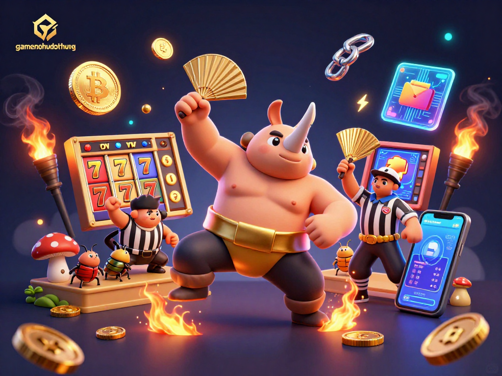 Engage with gamenohudoithuong by exploring the energetic slot-themed arena filled with vibrant characters and golden coins.