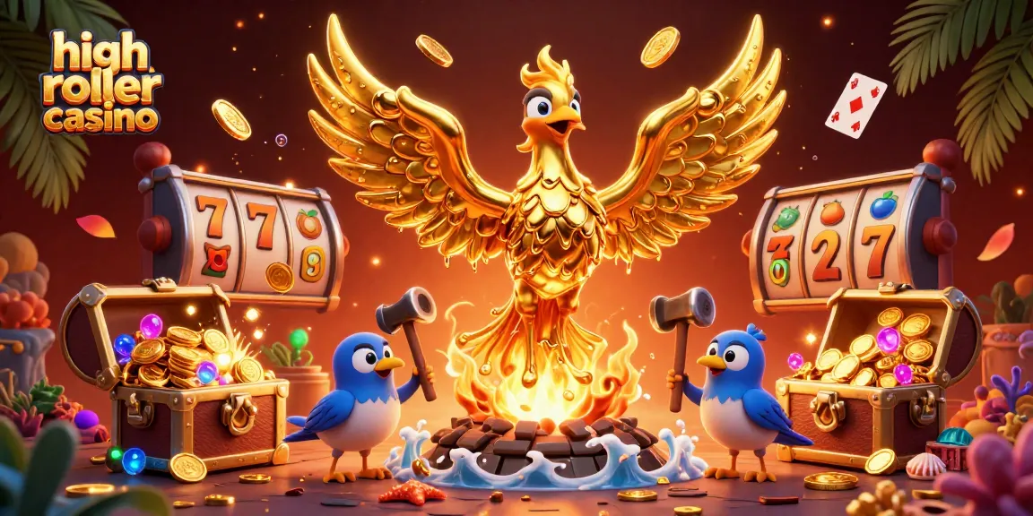 Experience high roller casino excitement with a molten phoenix and stunning slot elements in a vibrant scene.