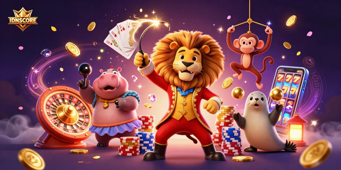Spin the reels and win big with IDNSCORE's vibrant 3D casino illustration showcasing lively characters and dazzling game elements.