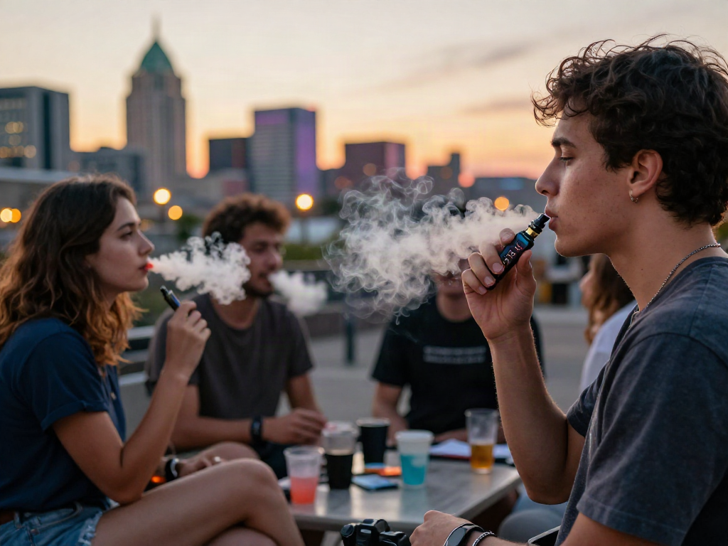 Enjoying a Ryse vape pen with friends in an urban sunset setting.