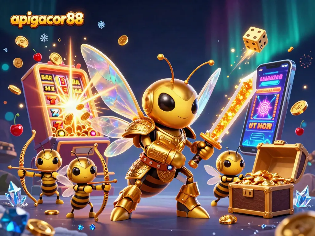 Engage with apigacor88's interactive casino scene featuring a vibrant jackpot celebration with whimsical characters.