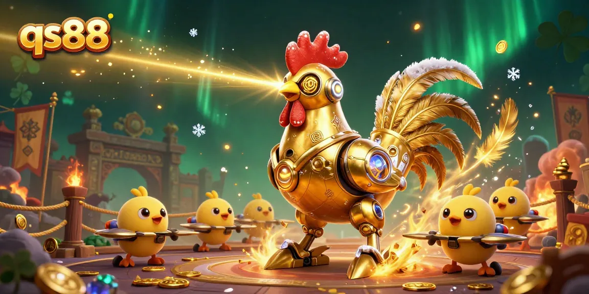 Experience exciting gameplay with qs88 in a vibrant 3D casino scene featuring a golden rooster robot.