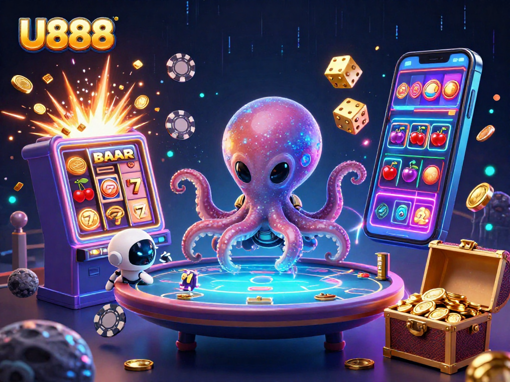 Experience thrilling wins at U888 with an alien octopus and vibrant casino elements.