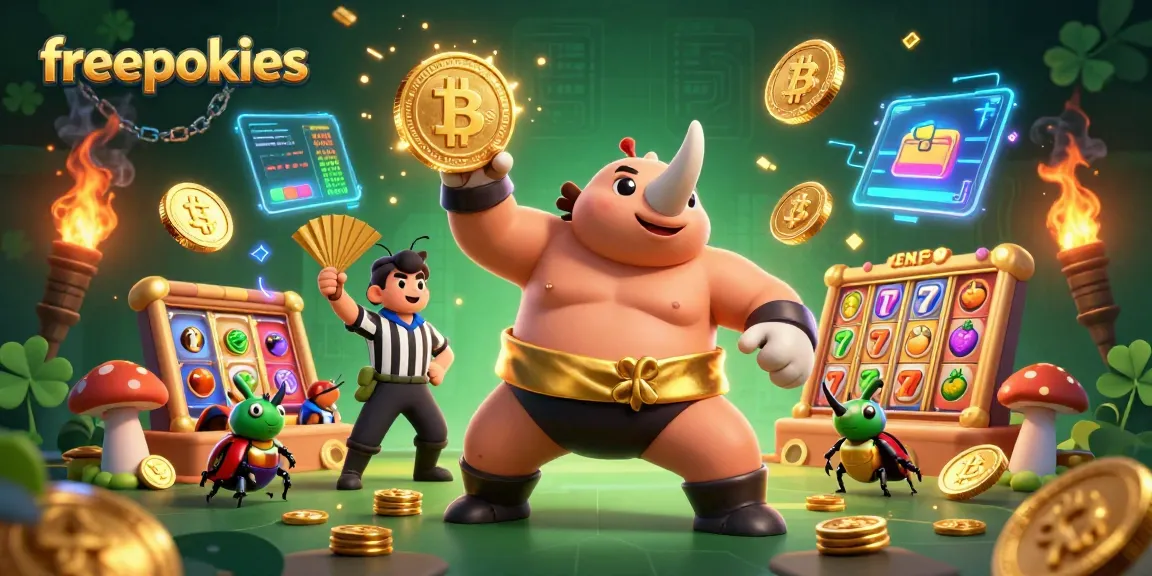 Engage with freepokies as a rhinoceros beetle sumo champion sends coins flying in a vivid casino illustration.