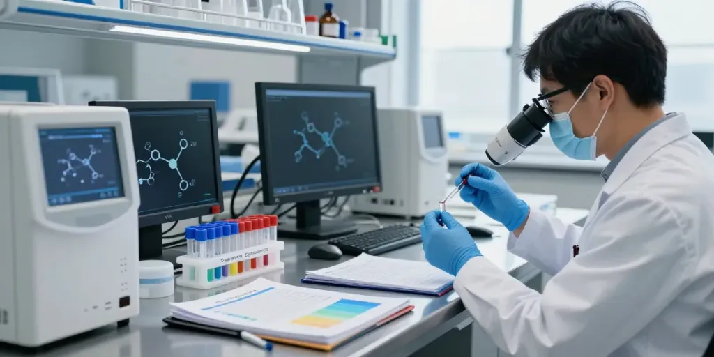 Analyzing cagrilintide COA samples in a modern laboratory setting.