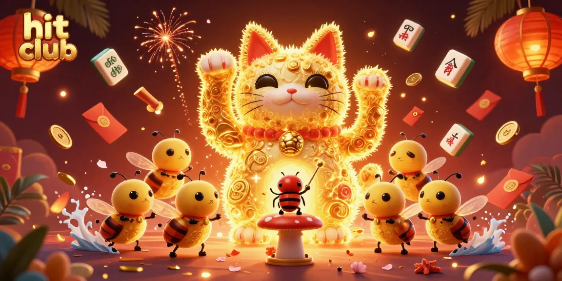 Spin the reels at hit club as fireflies form a lucky cat amidst vibrant casino symbols.