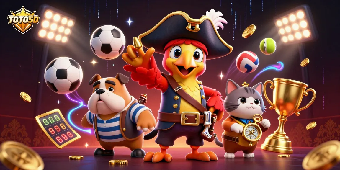 Engage with TOTO5D betting strategies illustrated by a vibrant casino scene featuring playful characters.