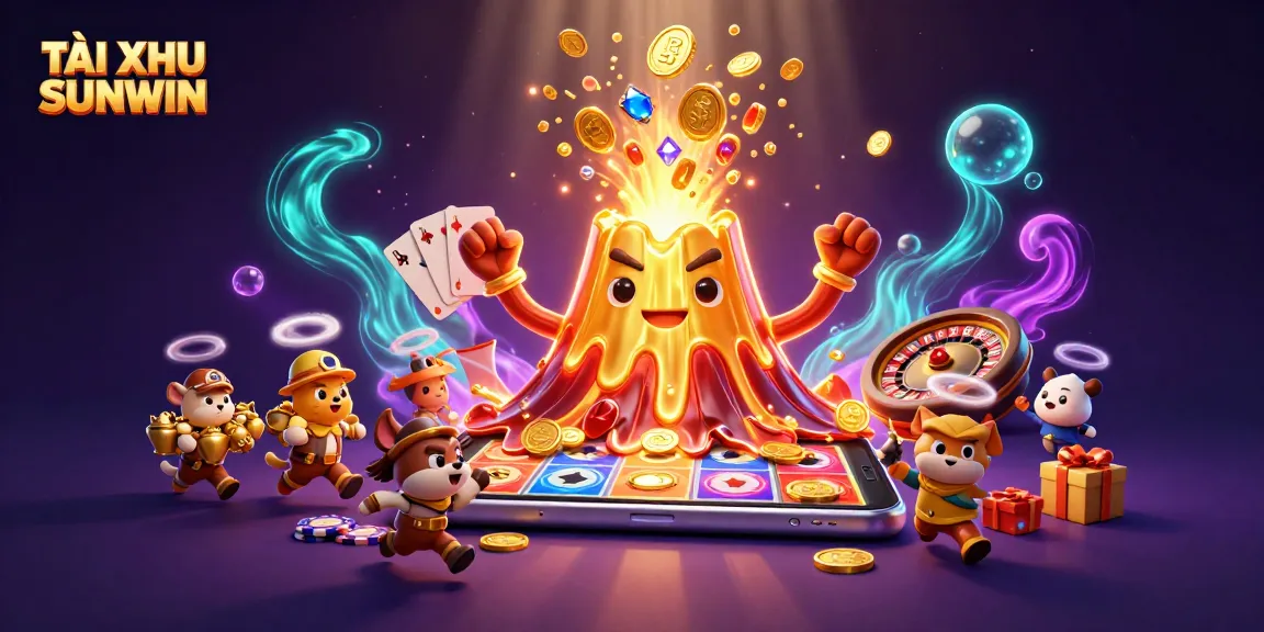 TÀI XỈU SUNWIN showcases an erupting golden volcano with treasures in a dynamic casino scene.