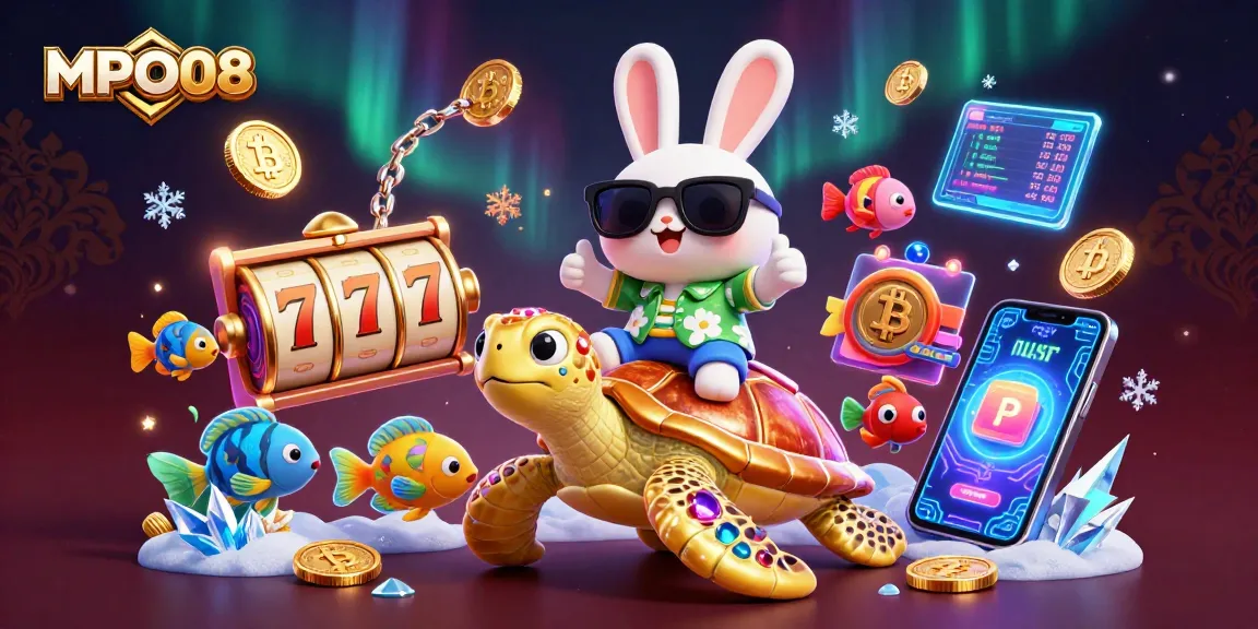 MPO08 offers exciting slot games with lively characters riding a golden turtle among vibrant crypto elements