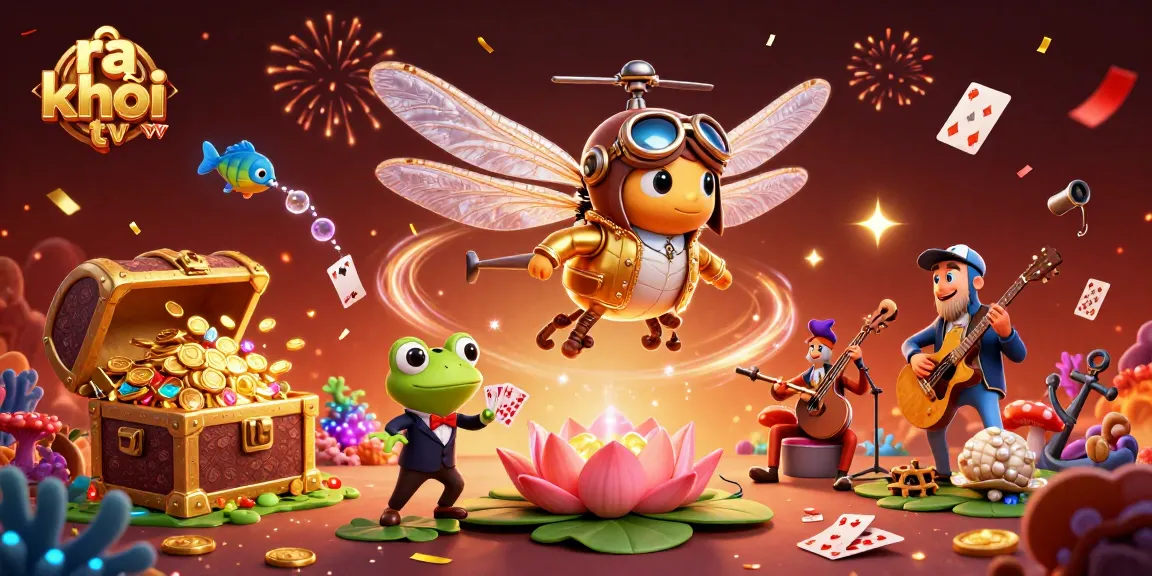Experience the thrill of ra khơi tv with our vibrant online casino scene featuring a helicopter pilot and frog croupier.