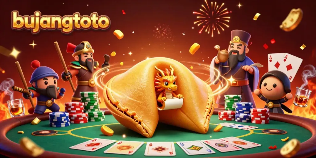 Experience exciting gameplay with bujangtoto featuring a golden fortune cookie and poker elements.