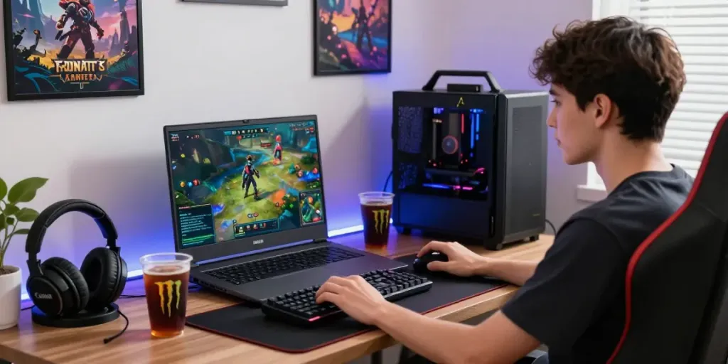 Player immersed in a situs gacor gaming session at a modern setup with vibrant LED lights and gaming gear