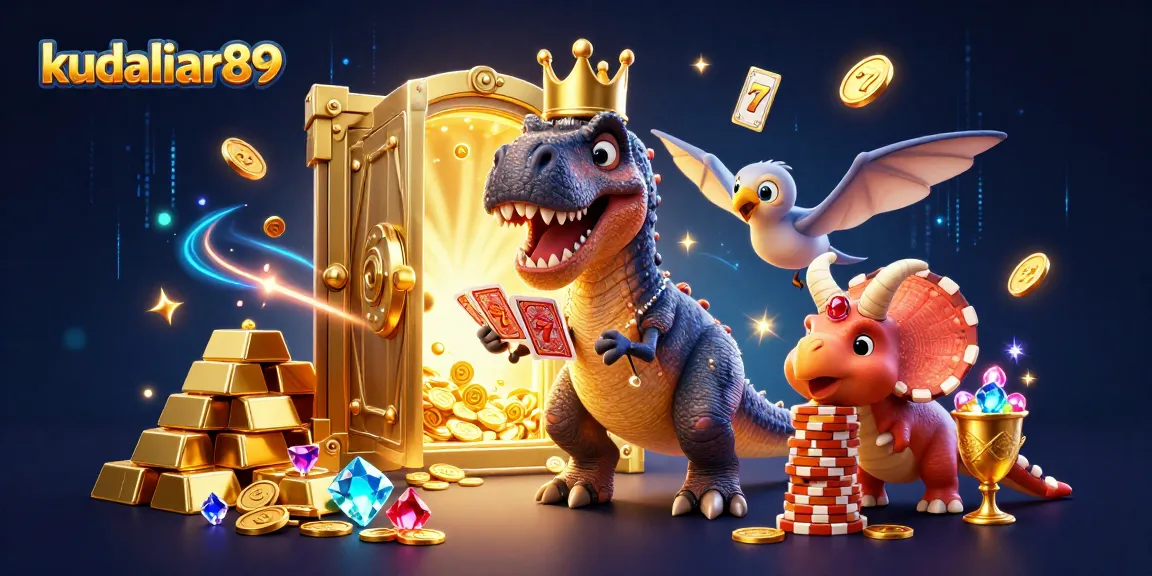 Kudaliar89 showcases an enchanting slot gaming universe with a T-Rex, pterodactyl, and baby triceratops amongst glittering treasures.