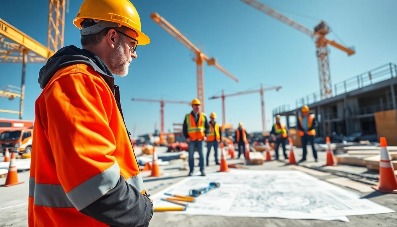 New Jersey Construction Manager supervising a busy construction site with workers and machinery.