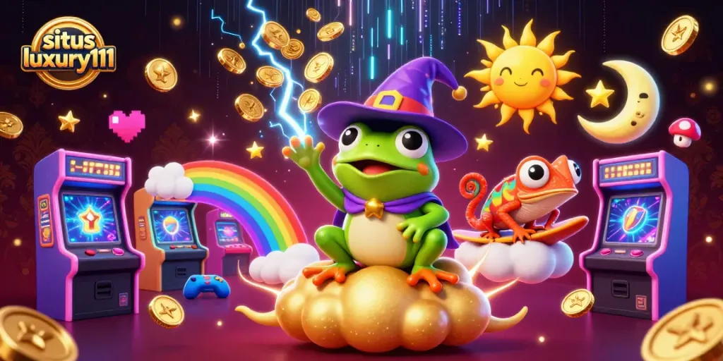 Situs luxury111 offers exciting gameplay with a vibrant illustration of casino elements and characters.