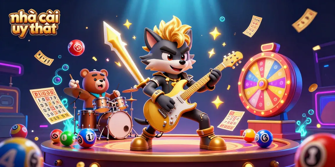 Experience the thrill of nhà cái uy tín in a vibrant casino scene featuring a rock star wolf and a drummer bear.