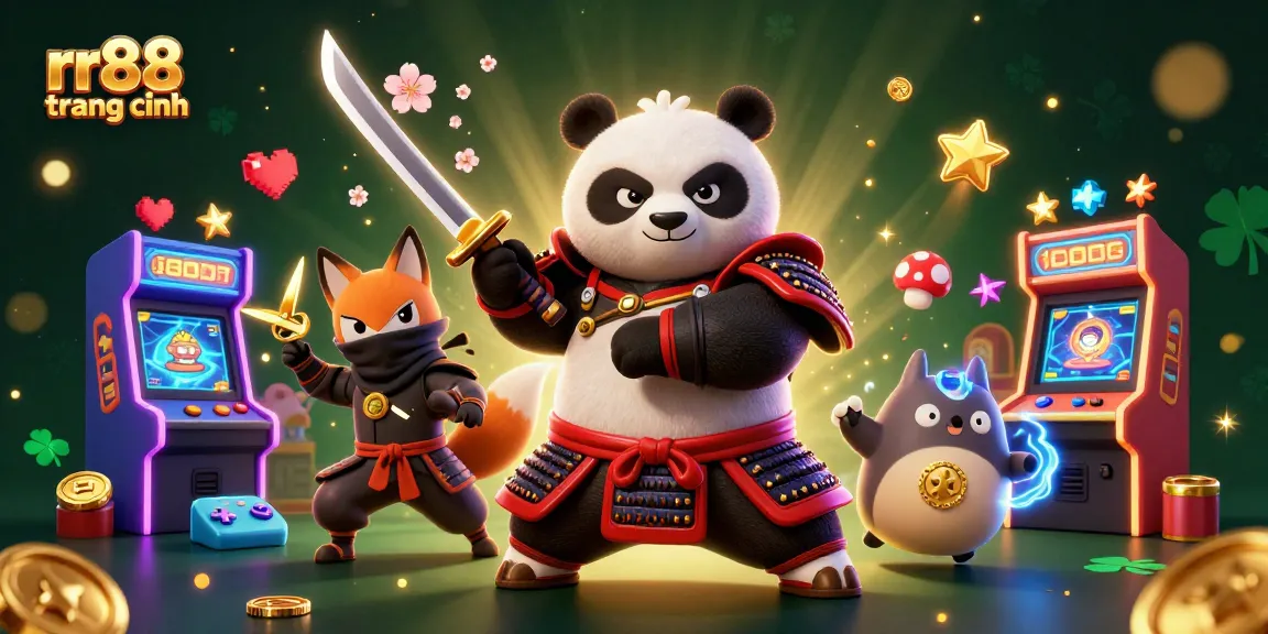 Experience thrilling action at rr88 trang chính with a dynamic scene of a samurai panda, ninja fox, and magical tanuki in a vibrant casino setting.