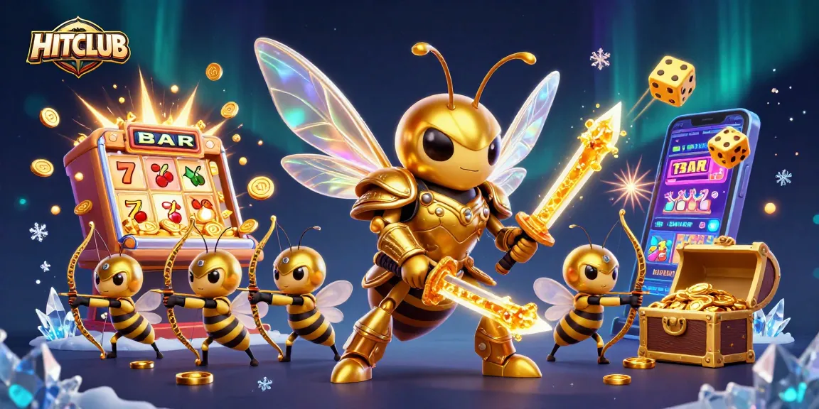 Experience HITCLUB's vibrant scene with golden hornet warriors amidst exploding jackpots and rich casino elements.