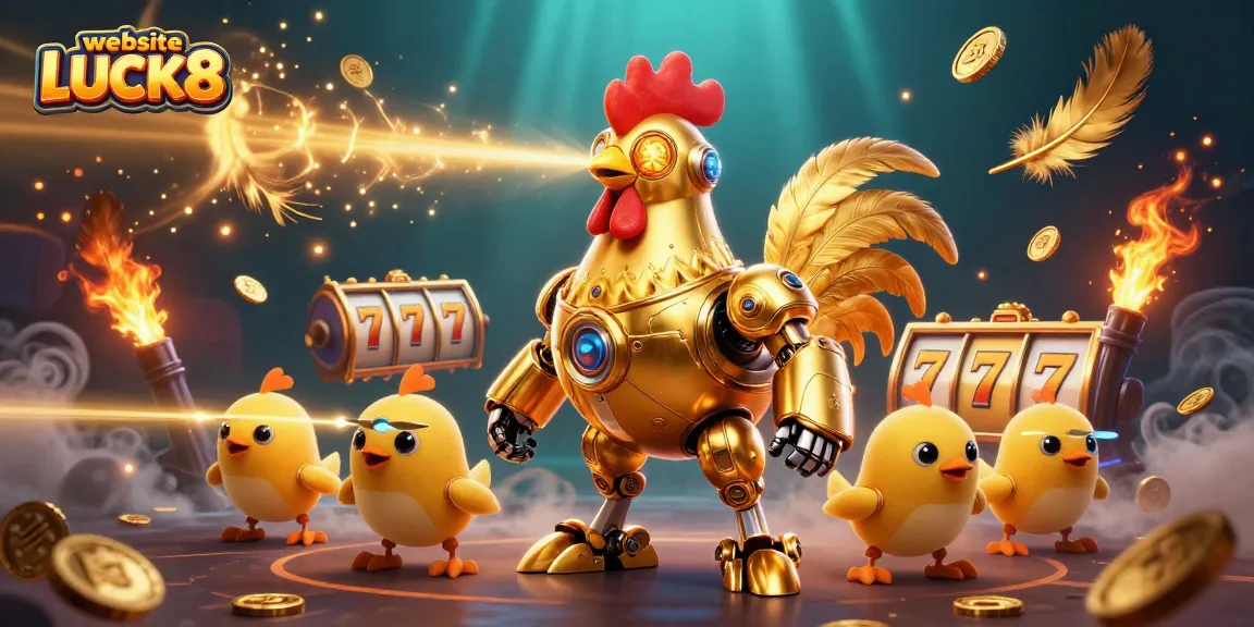 Engage with website LUCK8's thrilling slots as a golden rooster robot battles with laser beams.