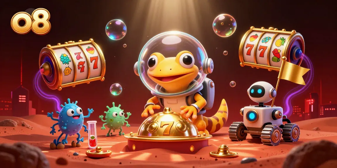 Experience thrilling wins with o8 at a Martian casino adventure, featuring vibrant slot reels and playful characters.