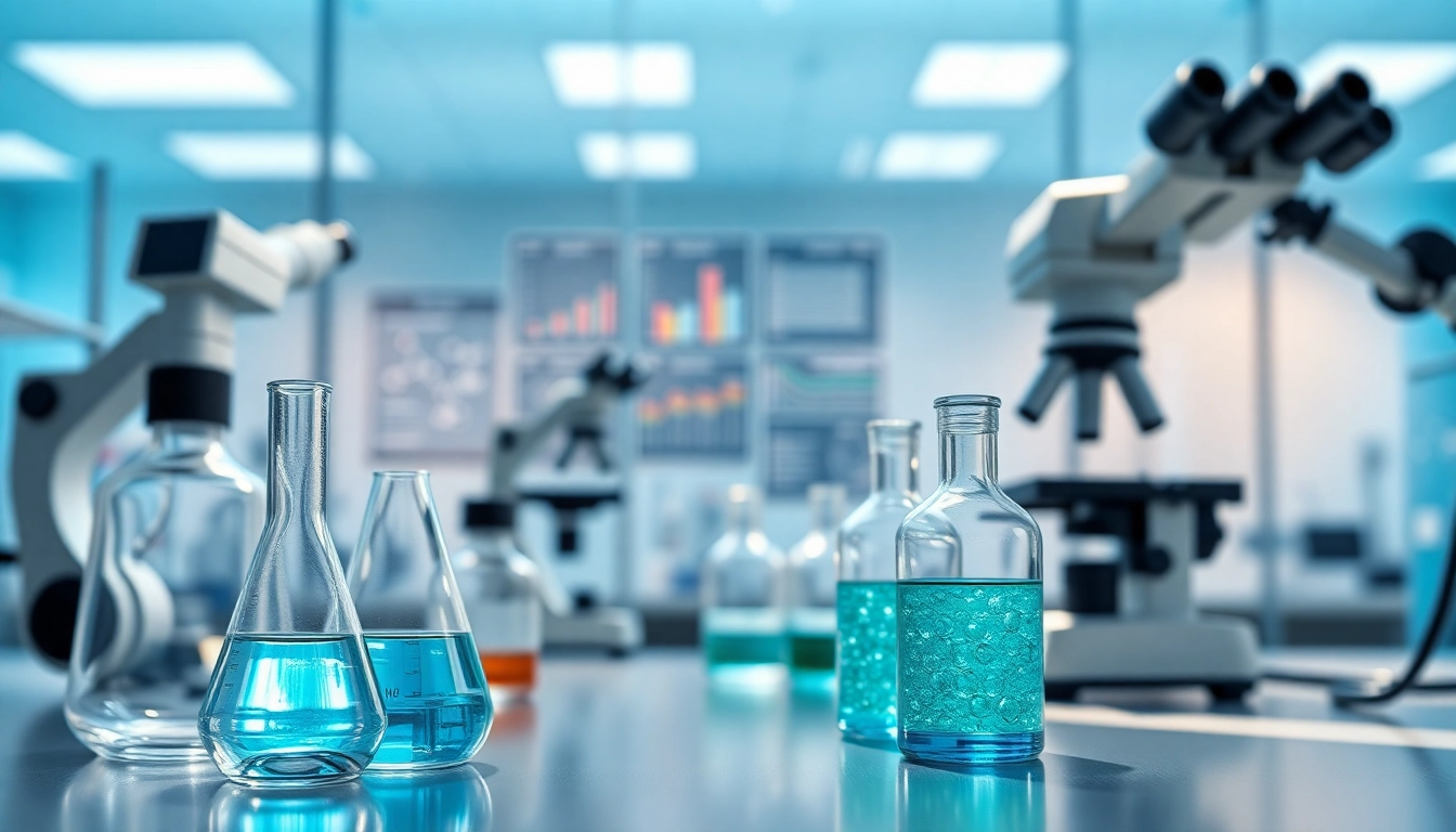 High purity peptides for research showcased in a professional lab setting with equipment and vibrant molecular charts.