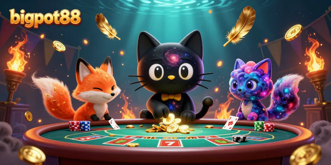 Permainan bigpot88 dengan kucing hitam berbentuk lubang hitam dan rubah nebula di meja kasino.