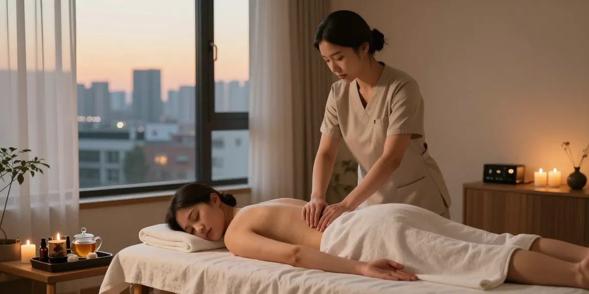 Relaxing 강남출장안마 experience in a serene therapy room with ambient lighting and soothing elements.