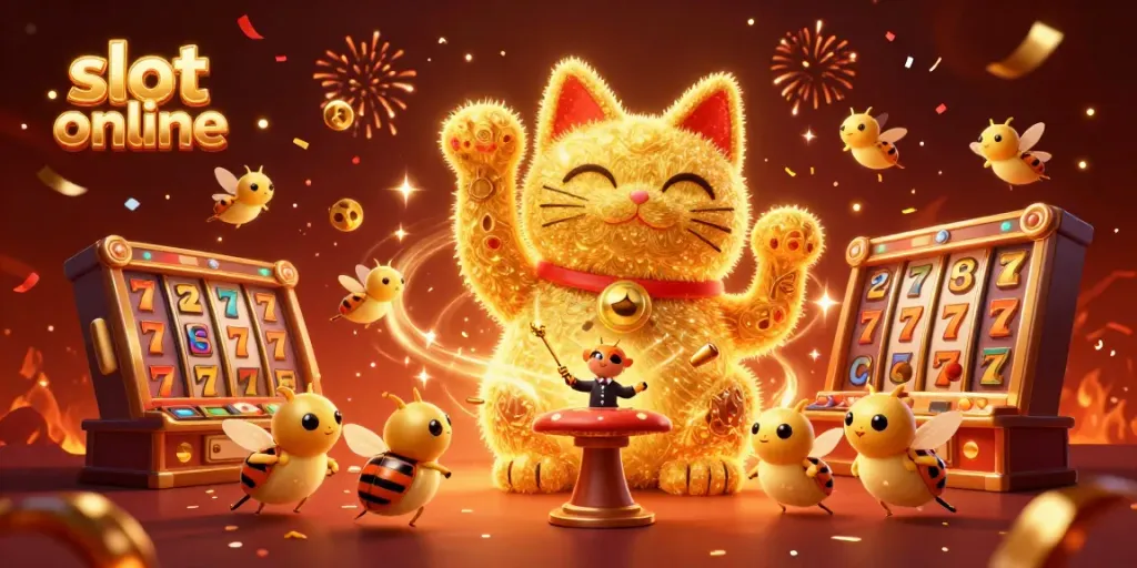 Experience the thrill of slot online gaming with a lively scene featuring a golden lucky cat and festive elements.
