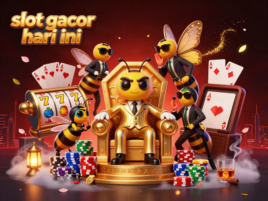 Engage in exciting slot gacor hari ini with a dynamic casino scene featuring colorful slot reels and charismatic characters.