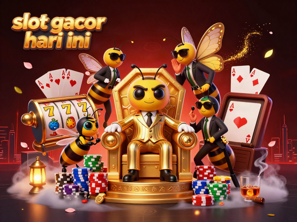 Engage in exciting slot gacor hari ini with a dynamic casino scene featuring colorful slot reels and charismatic characters.