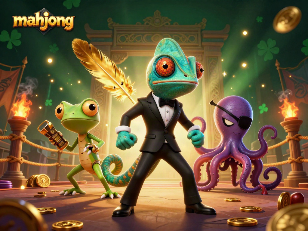 Engage in mahjong excitement with a dynamic scene featuring a chameleon and friends amidst vibrant casino elements.