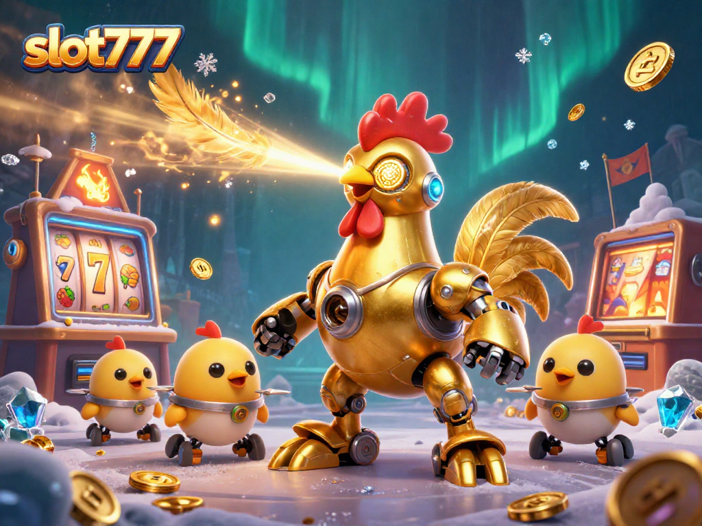 Engage in thrilling play at slot777 with a 3D robot rooster and baby chick drones surrounded by gold coins and exciting slot machines.