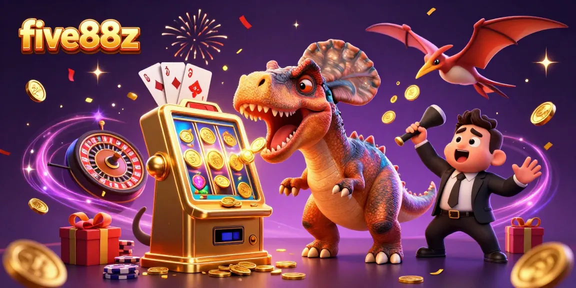 five88z showcases a cartoon dinosaur winning jackpot coins at a vibrant casino scene
