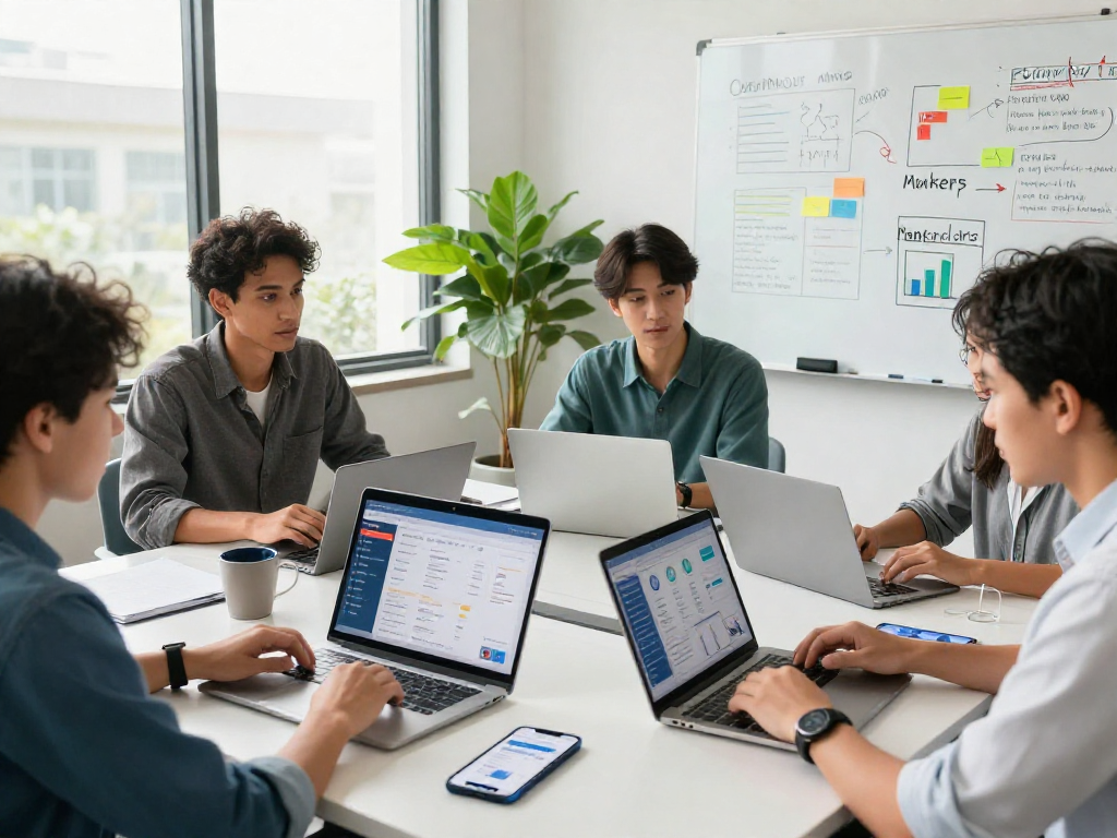 Buy app installs with expert marketers collaborating on app strategies in a modern workspace.