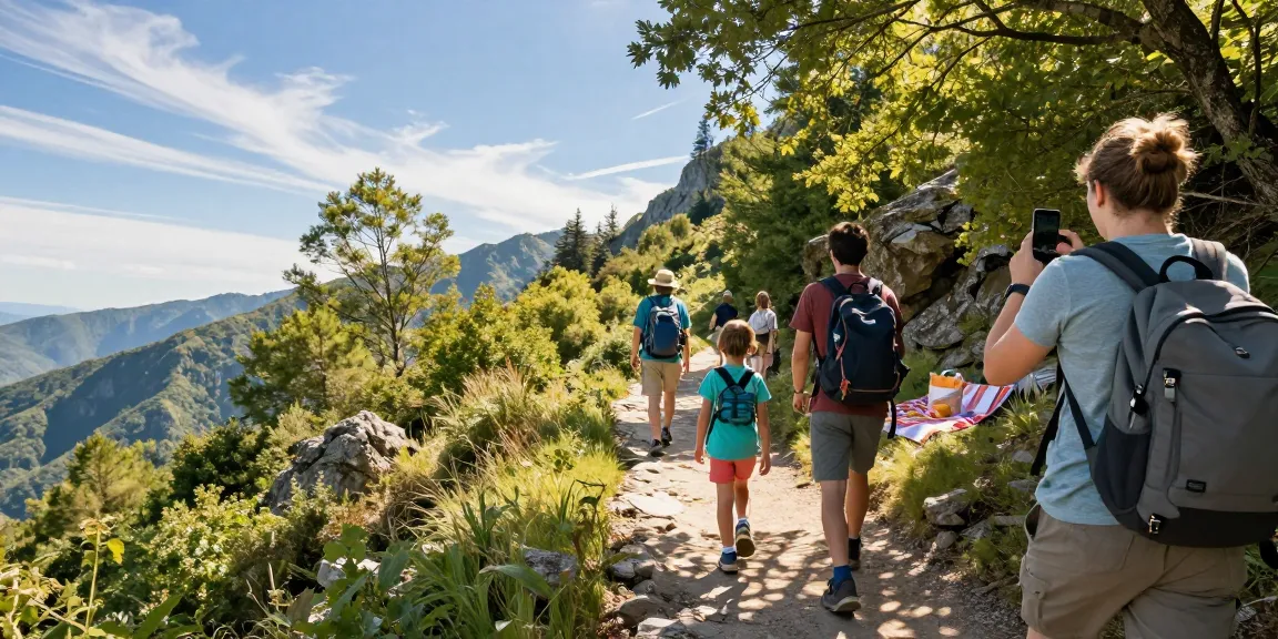 A family enjoying outdoor adventures with mantra88 at a scenic mountain trail, showcasing hiking, nature, and bonding.