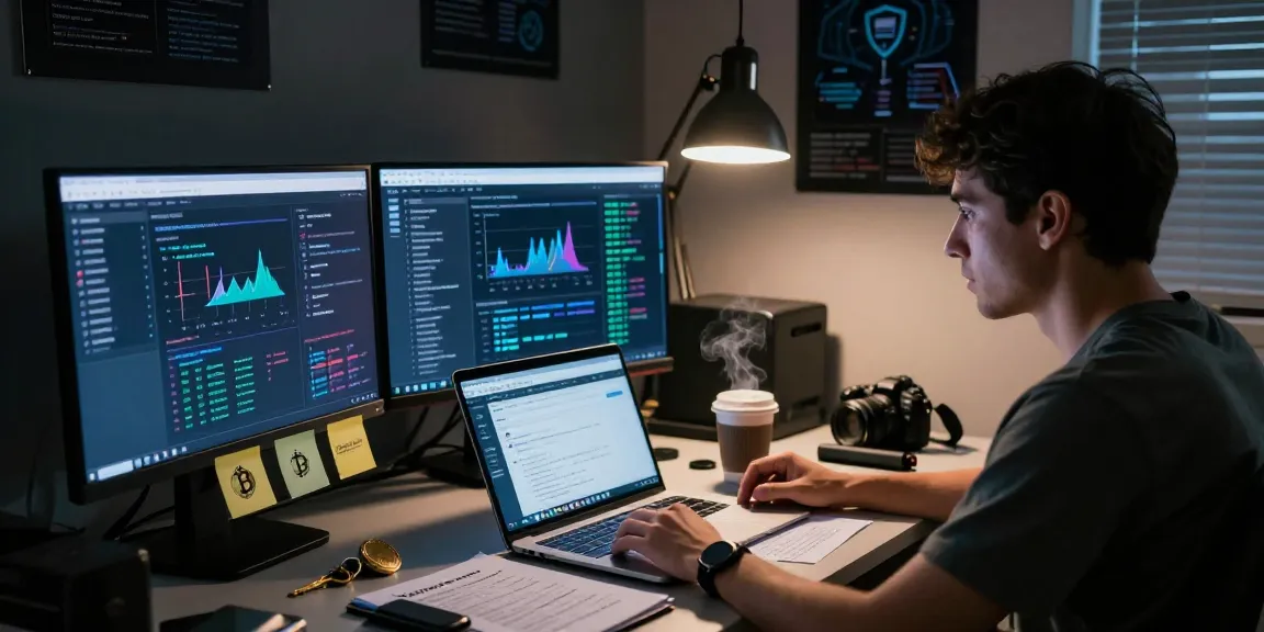 Analyst reviewing Best Darknet Markets 2026 with multiple screens, notes, and cryptographic tools in a security-focused workspace.