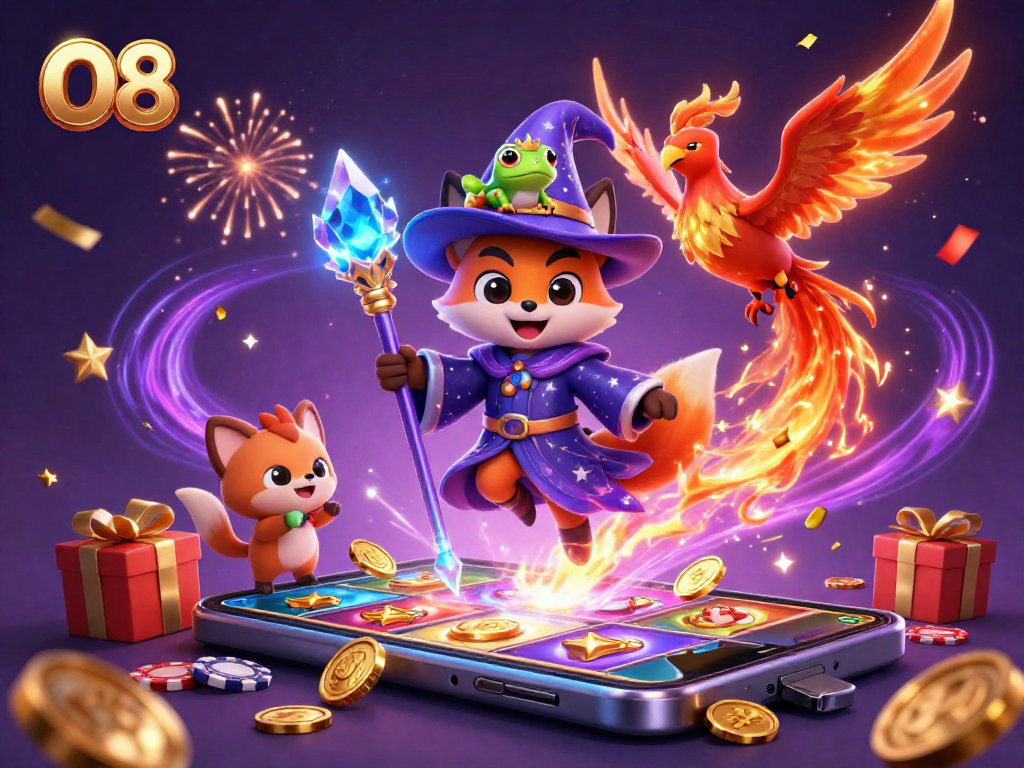 Play thrilling games at O8 with a mystical fox wizard and dazzling casino elements.