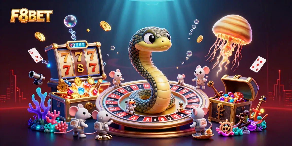 F8BET gaming scene with Saturn ring snake as roulette, astronaut mice gambling, and treasures galore