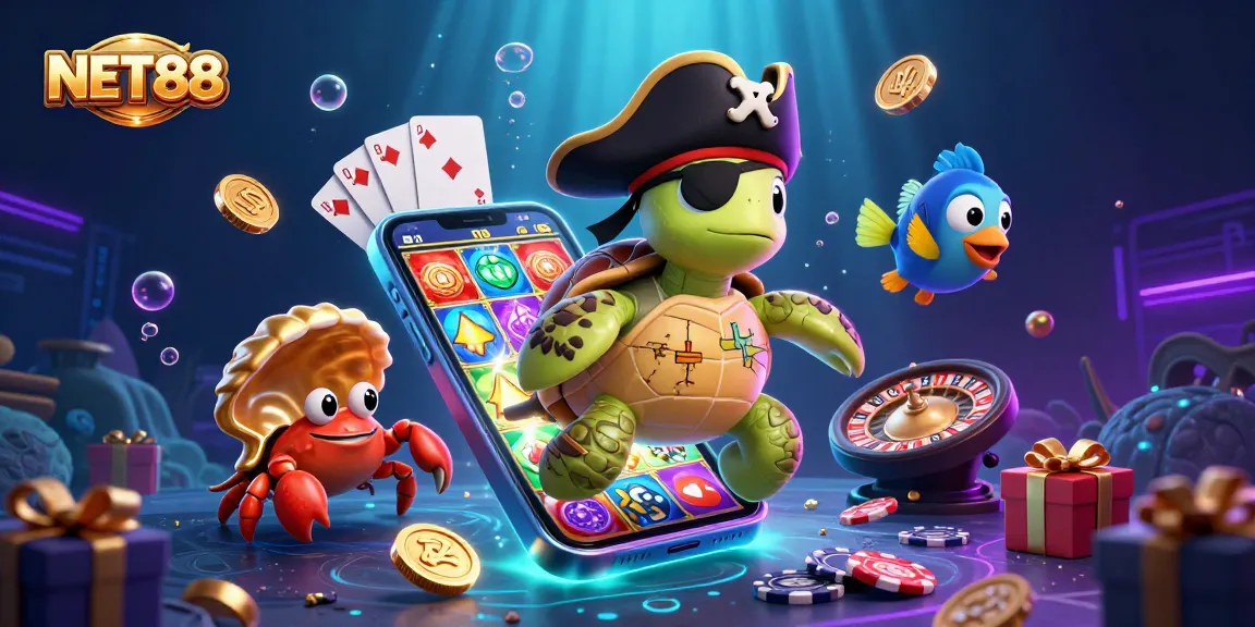 NET88 showcases a pirate turtle, golden crab, and bandana fish amid vibrant gambling elements.