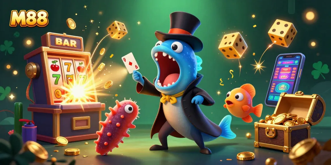 Engage with M88’s online casino magic, featuring an eel performing card tricks amidst a jackpot explosion.