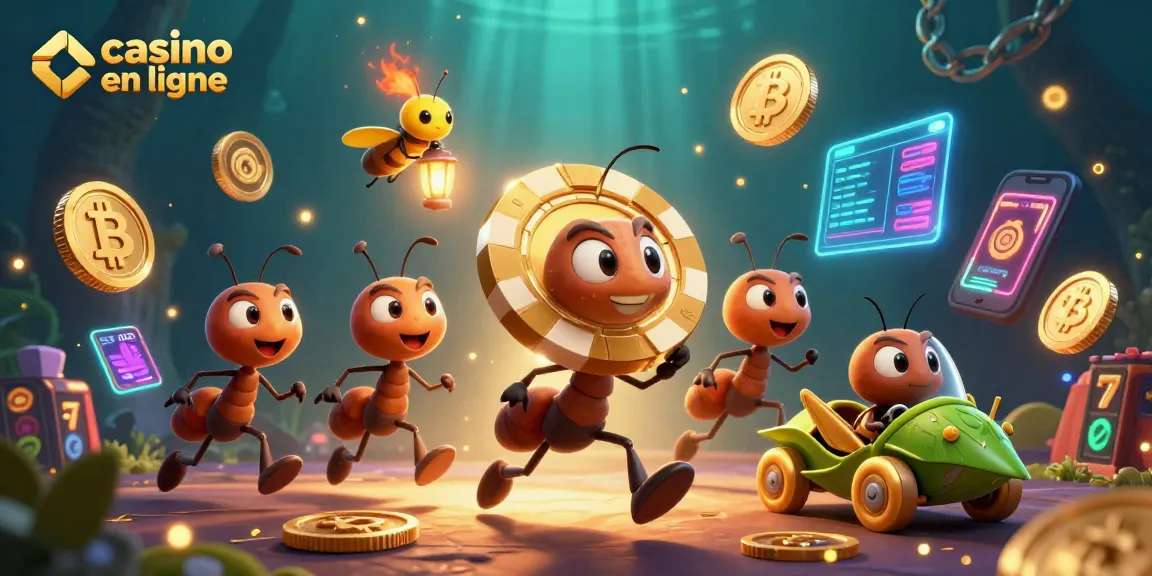 Découvrez le casino en ligne avec une scène animée d'ants en train de voler une puce poker dorée.