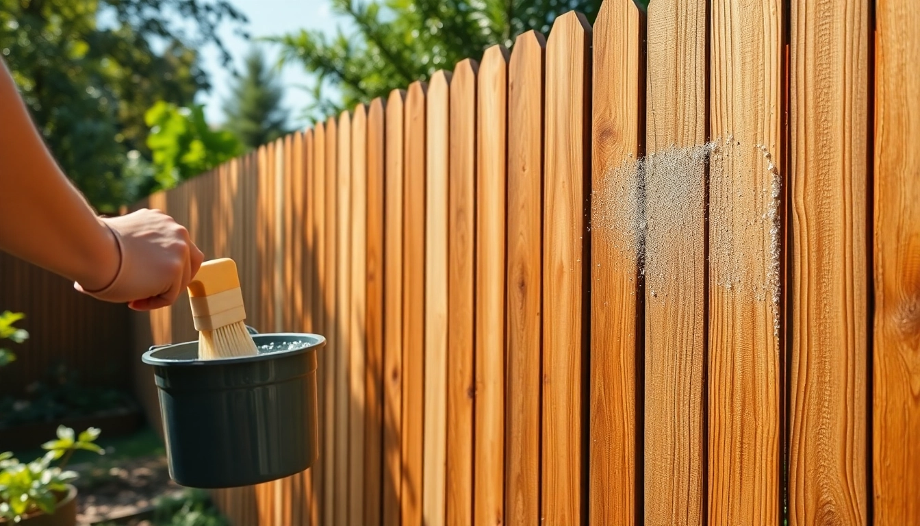 Fence Cleaning in progress, highlighting a person cleaning a wooden fence in a bright garden.