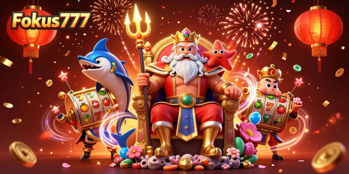 Enhance your gaming experience at Fokus777 with vibrant slot reels, Neptune, and festive elements.