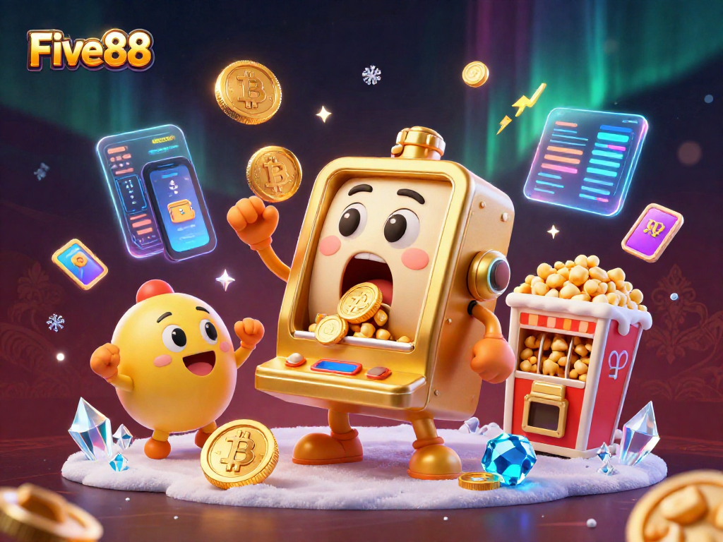 Experience the excitement of Five88 as the golden slot machine hits a jackpot surrounded by crypto coins.