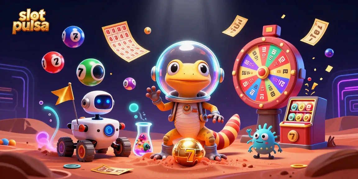 Experience slot pulsa excitement with a 3D Martian gecko discovering a vibrant alien casino.