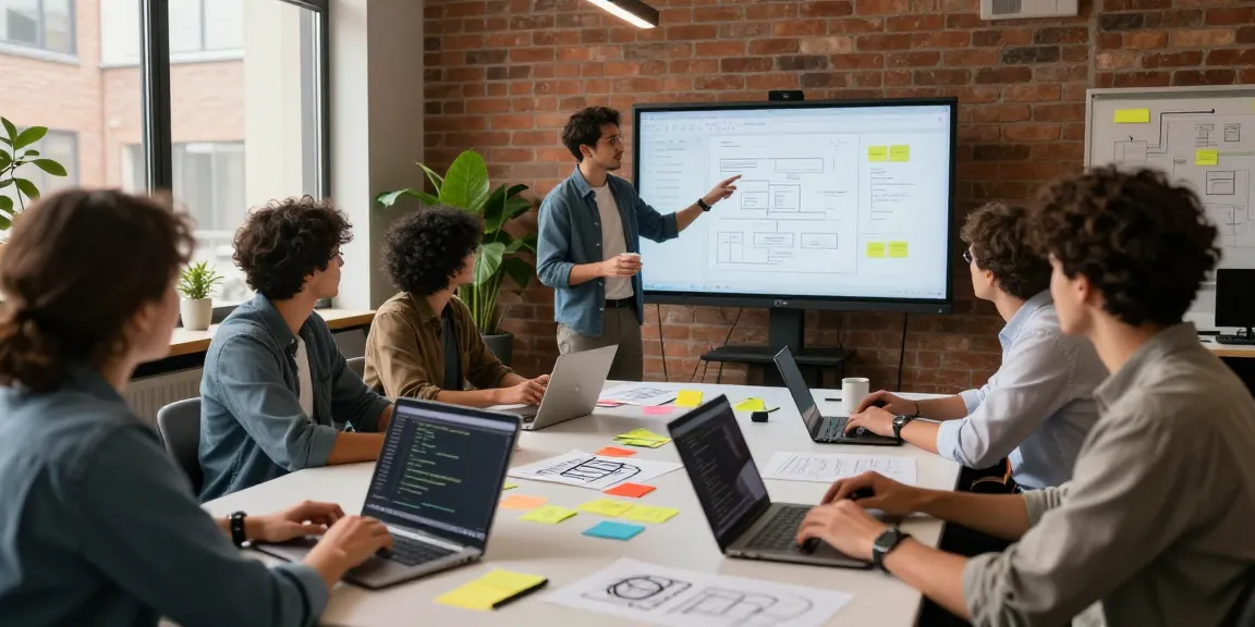 Team collaborating on bdtjl software development project in a modern office, showcasing vibrant ideas.