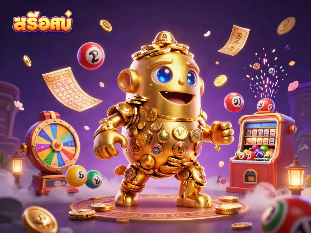 Engage in สล็อตทดลอง with a vibrant 3D casino scene featuring golden golem, lottery balls, and dynamic rewards.