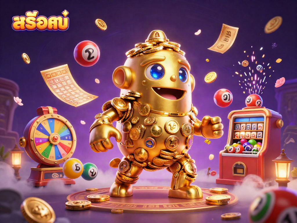Engage in สล็อตทดลอง with a vibrant 3D casino scene featuring golden golem, lottery balls, and dynamic rewards.