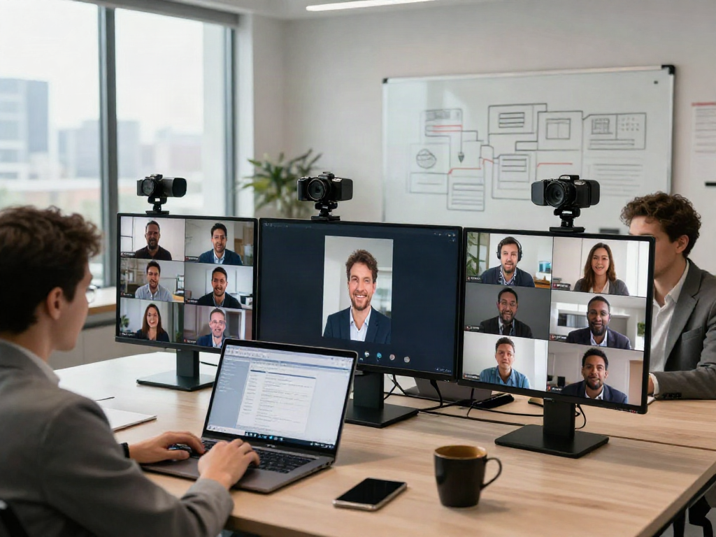 Deepfake protected Conferencing setup with a diverse team engaging in secure virtual meeting